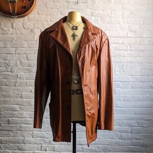 Vintage Rust Orange Leather Trench Coat Western Duster Red 70s Leather Jacket 2X